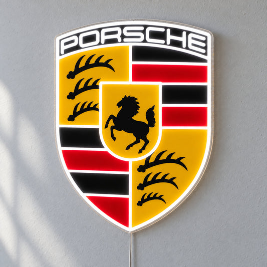 Porsche Crest LED Neon Sign, featuring vehicle-brand emblem displayed on a light background.