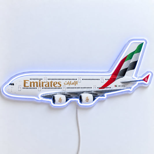 Airbus A380 Emirates Neon Sign with printed aircraft details and an illuminated LED outline on clear acrylic, shown from the front on a white surface, registration A6-EOG