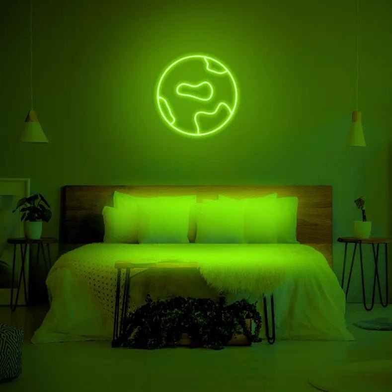 Globe LED Neon Light Sign in green, featuring globe outline illuminated above a bed.