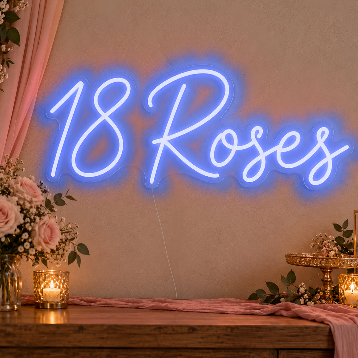 18 Roses Neon Sign in blue LED neon on clear acrylic, angled view
