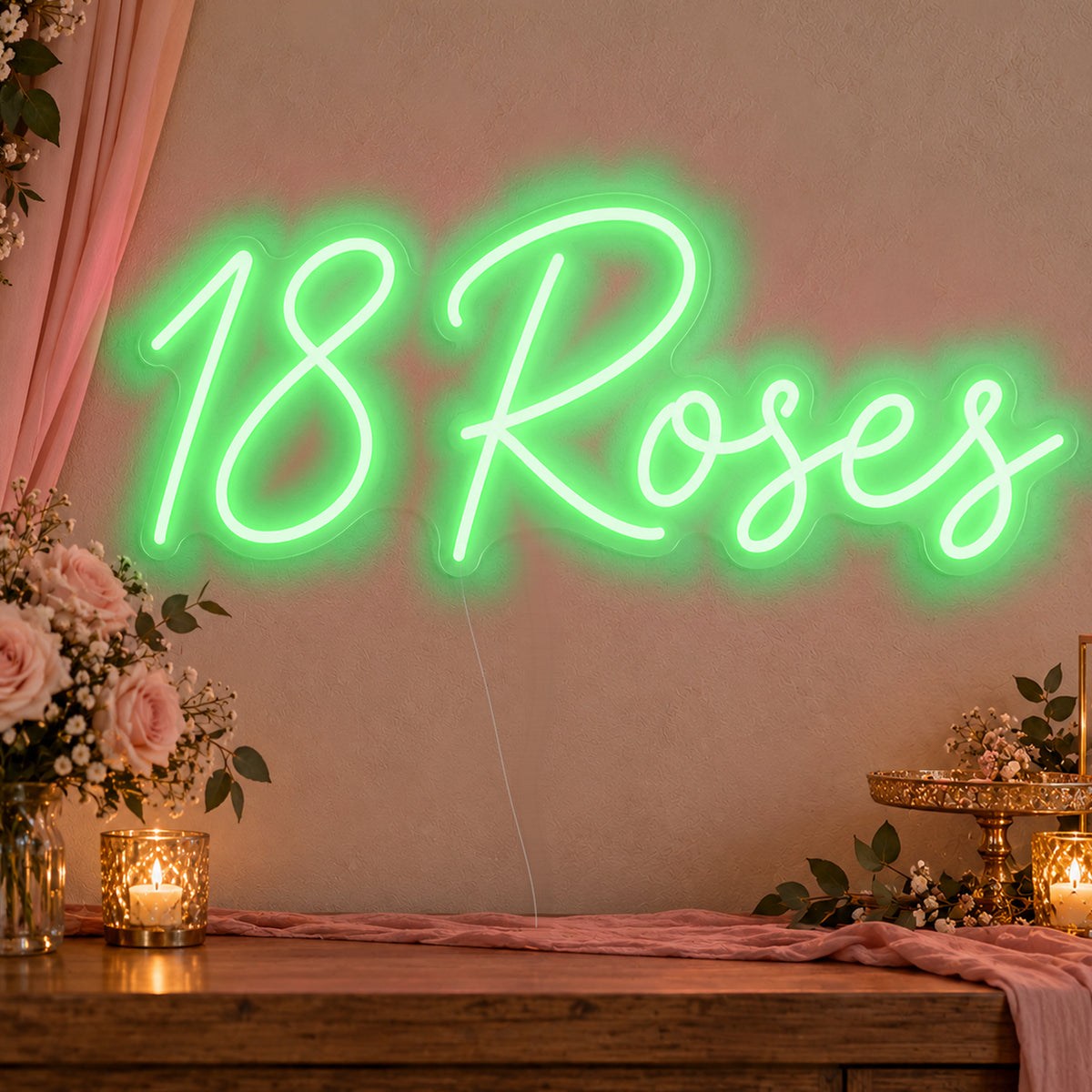 18 Roses Neon Sign in green LED neon on clear acrylic, angled view