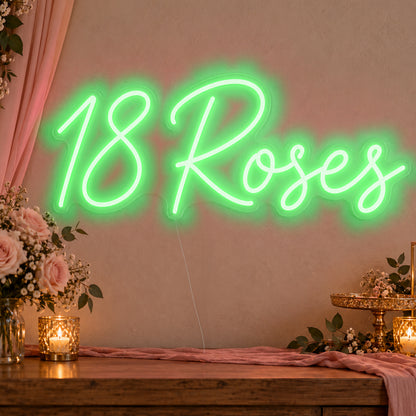 18 Roses Neon Sign in green LED neon on clear acrylic, angled view