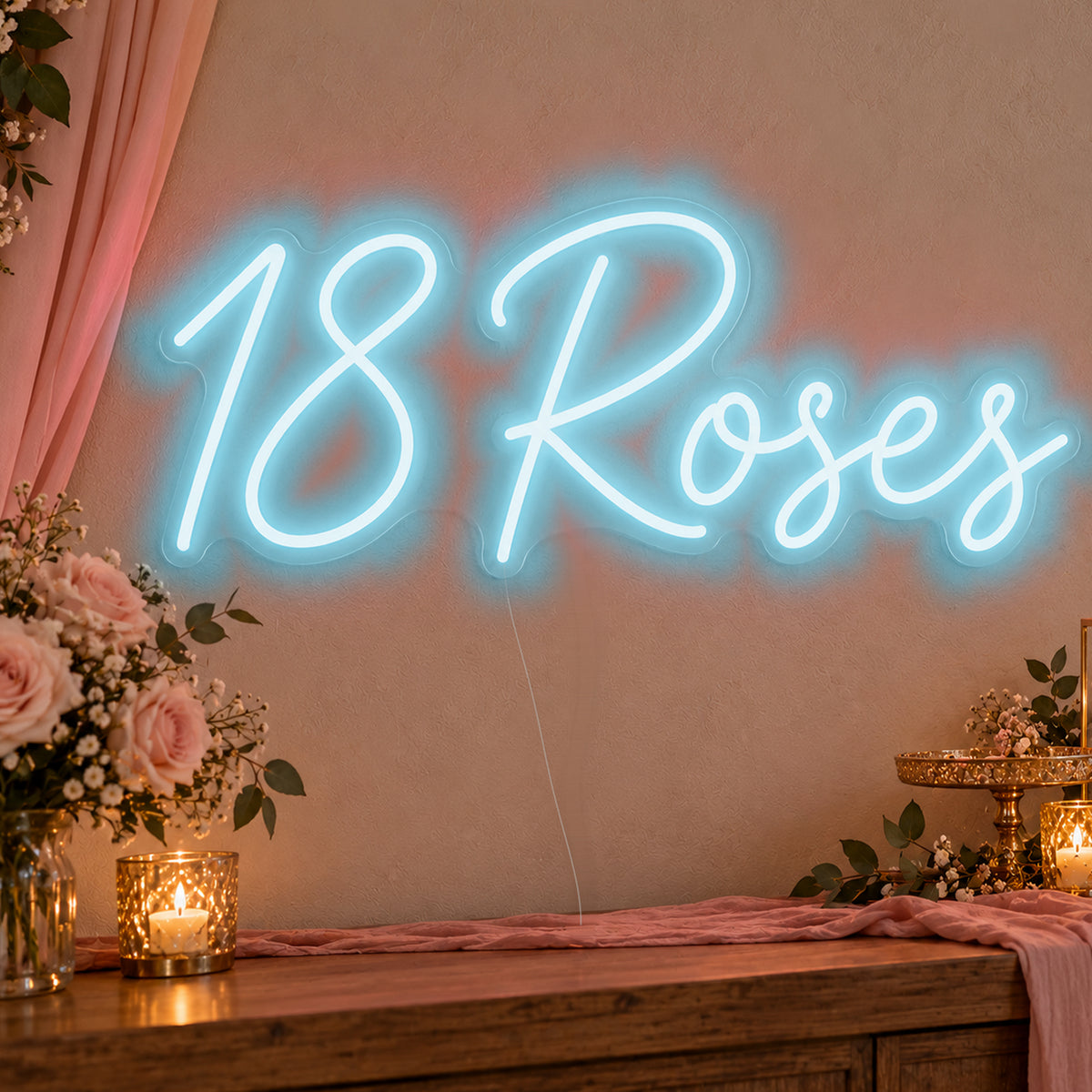18 Roses Neon Sign in ice blue LED neon on clear acrylic, angled view