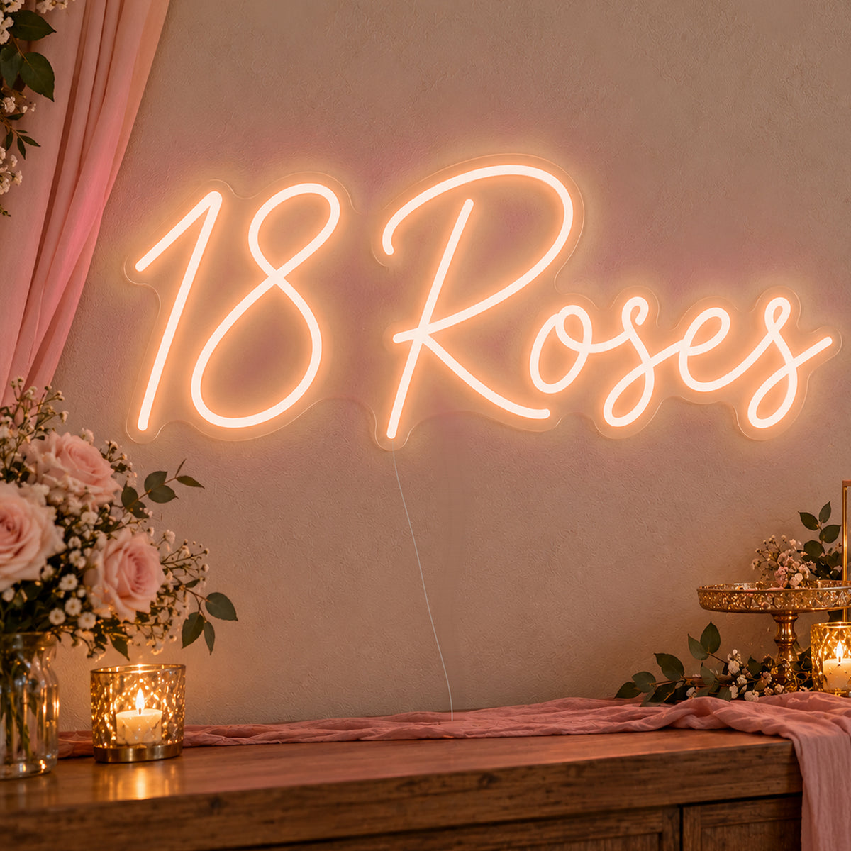 18 Roses Neon Sign in orange LED neon on clear acrylic, angled view
