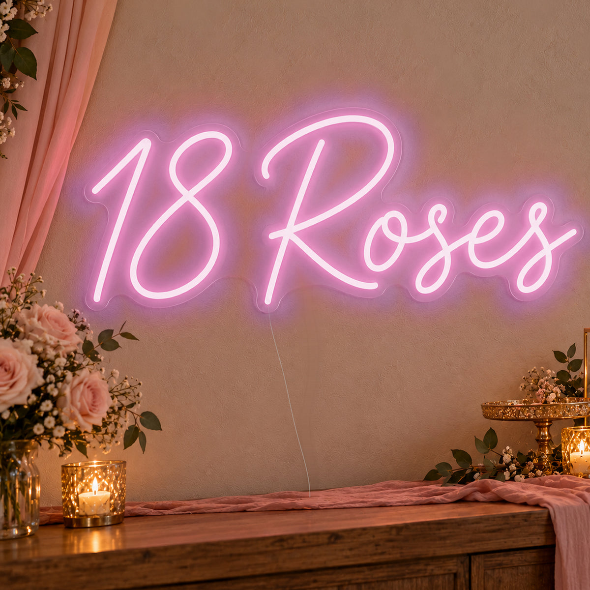 18 Roses Neon Sign in pink LED neon on clear acrylic, angled view