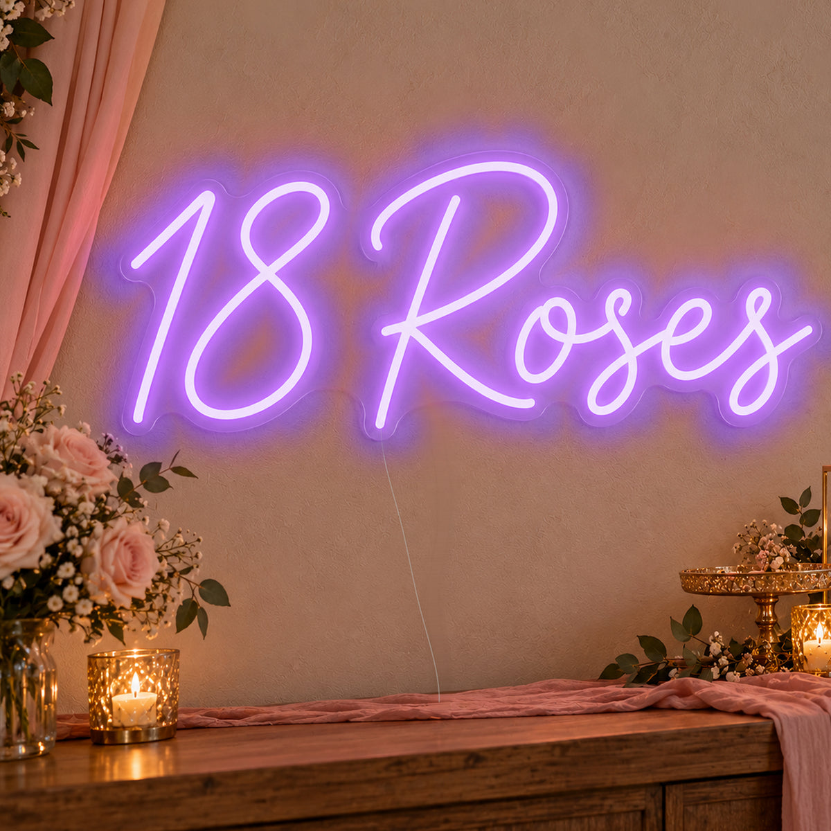 18 Roses Neon Sign in purple LED neon on clear acrylic, angled view