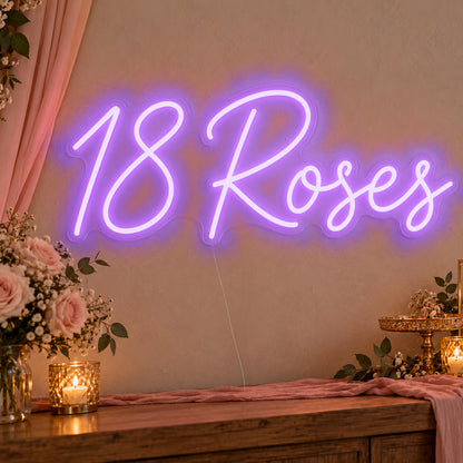 18 Roses Neon Sign in purple LED neon on clear acrylic, angled view