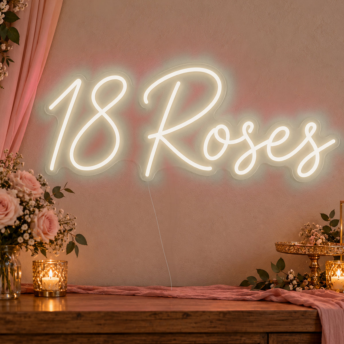 18 Roses Neon Sign in warm white LED neon on clear acrylic, angled view