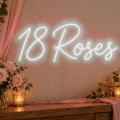 18 Roses Neon Sign in white LED neon on clear acrylic, angled view
