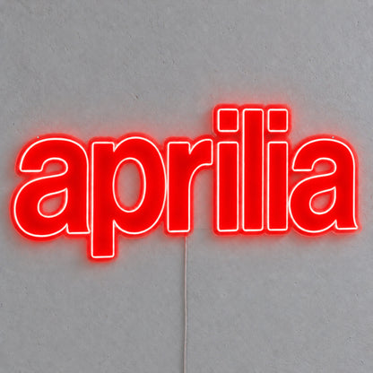 Aprilia LED Neon Sign, featuring illuminated vehicle logo on a light background.