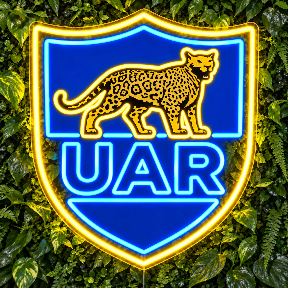 Argentina Rugby LED Neon Sign, featuring team logo displayed on a green foliage wall.