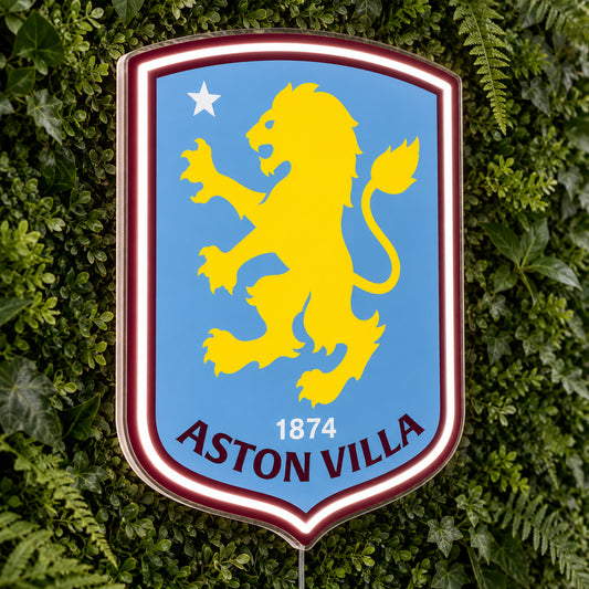 Aston Villa LED Neon Sign, featuring team logo displayed on a green foliage wall.