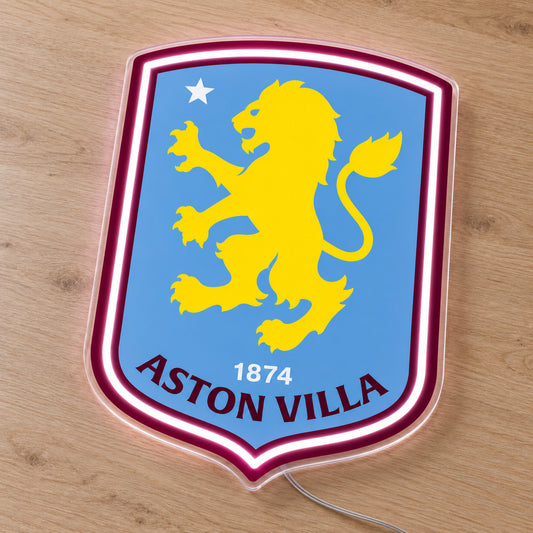 Aston Villa LED Neon Sign, featuring team logo displayed on a wooden surface.