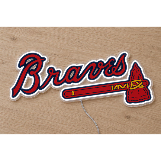 Atlanta Braves LED Neon Sign, featuring illuminated team logo on a wooden surface.