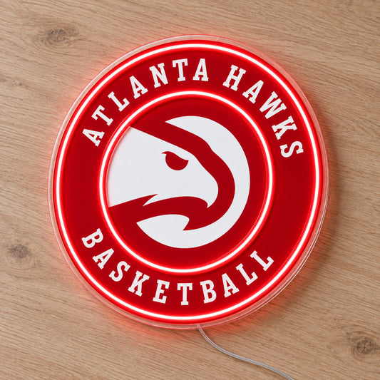 Atlanta Hawks LED Neon Sign, featuring illuminated team logo on a wooden surface.