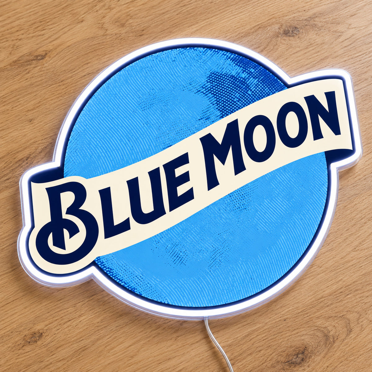 Blue Moon LED Neon Sign, featuring illuminated beer-brand logo on a wooden surface.