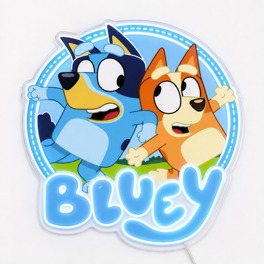 Bluey (Logo) LED Neon Sign in blue, featuring Bluey and Bingo above Bluey lettering inside a circular design on a light background.