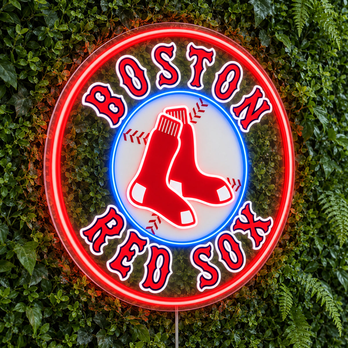 Boston Red Sox LED Neon Sign, featuring illuminated team logo on a green foliage wall.