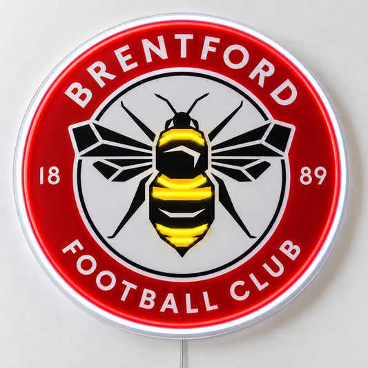 Brentford LED Neon Sign, featuring team logo displayed on a light background.