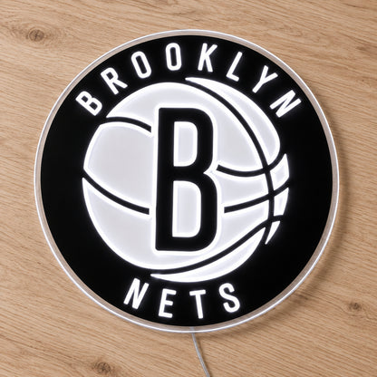 Brooklyn Nets LED Neon Sign, featuring illuminated team logo on a wooden surface.
