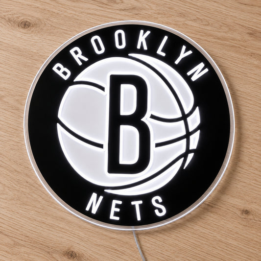 Brooklyn Nets LED Neon Sign, featuring illuminated team logo on a wooden surface.