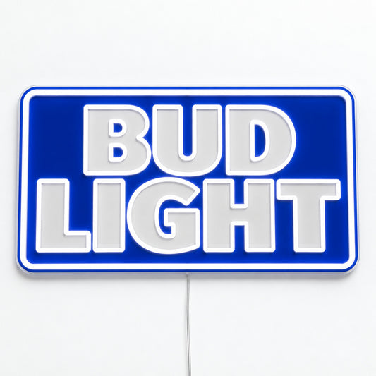 Bud Light LED Neon Sign, featuring illuminated beer-brand logo on a light background.