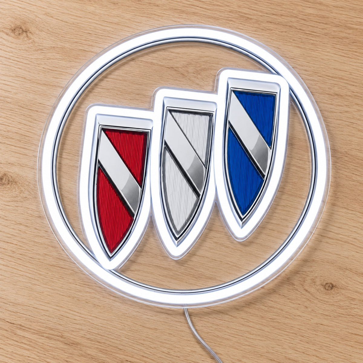 Buick LED Neon Sign, featuring illuminated vehicle logo on a wooden surface.