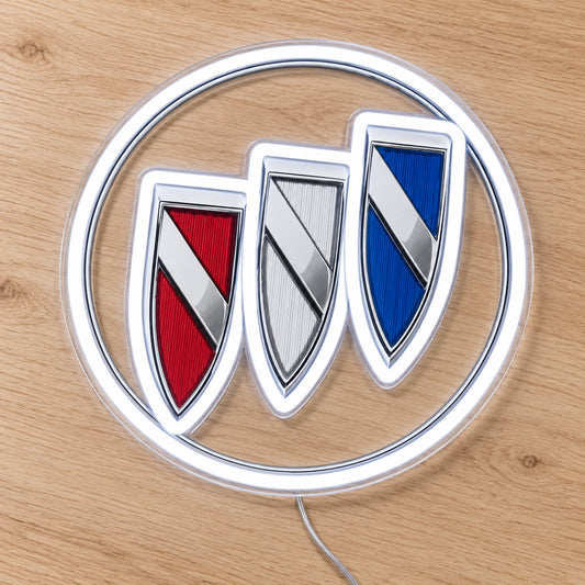 Buick LED Neon Sign, featuring illuminated vehicle logo on a wooden surface.