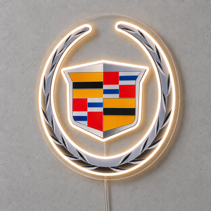 Cadillac LED Neon Sign, featuring illuminated vehicle logo on a light background.