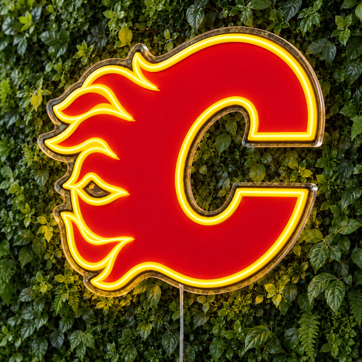 Calgary Flames LED Neon Sign, featuring team logo displayed on a green foliage wall.