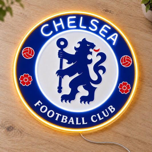 Chelsea LED Neon Sign, featuring illuminated team logo on a wooden surface.