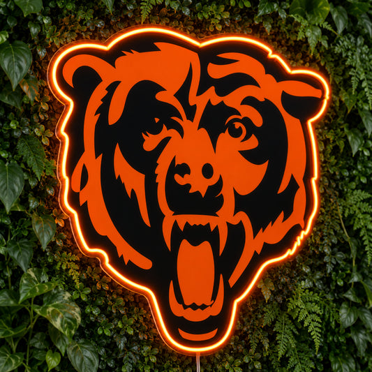 Chicago Bears LED Neon Sign, featuring illuminated team logo on a green foliage wall.