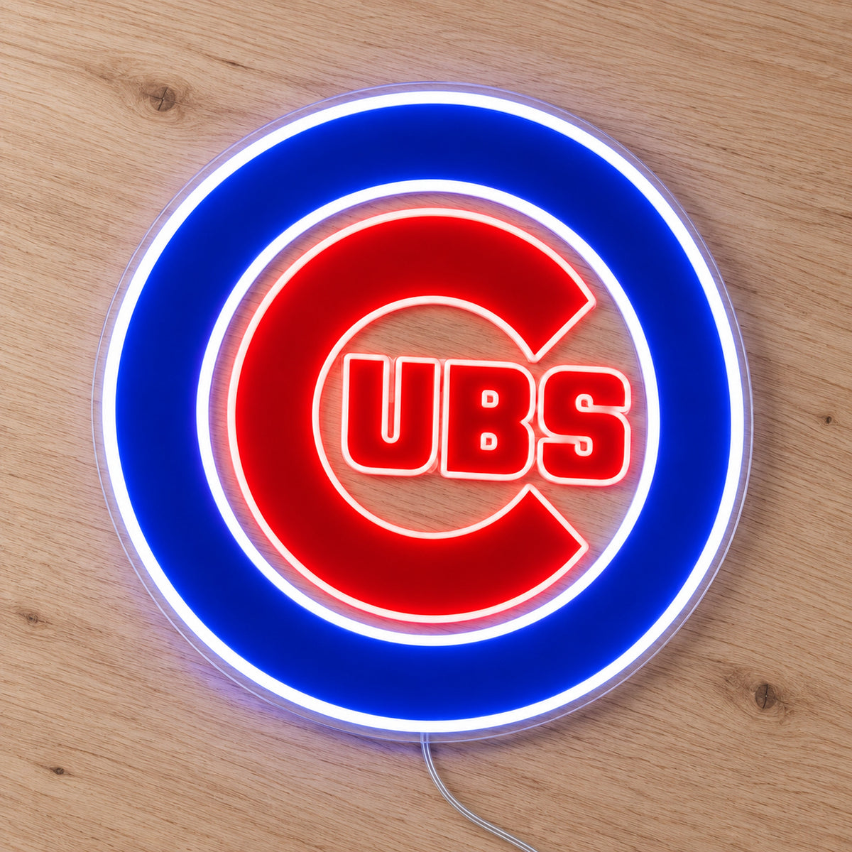 Chicago Cubs LED Neon Sign, featuring illuminated team logo on a wooden surface.