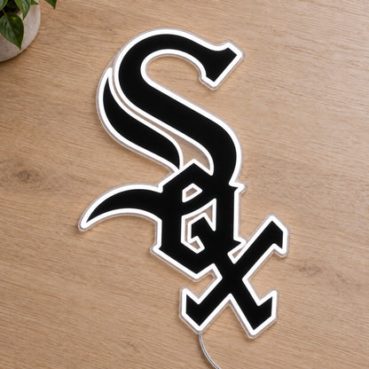 Chicago White Sox LED Neon Sign, featuring team logo displayed on a wooden surface.