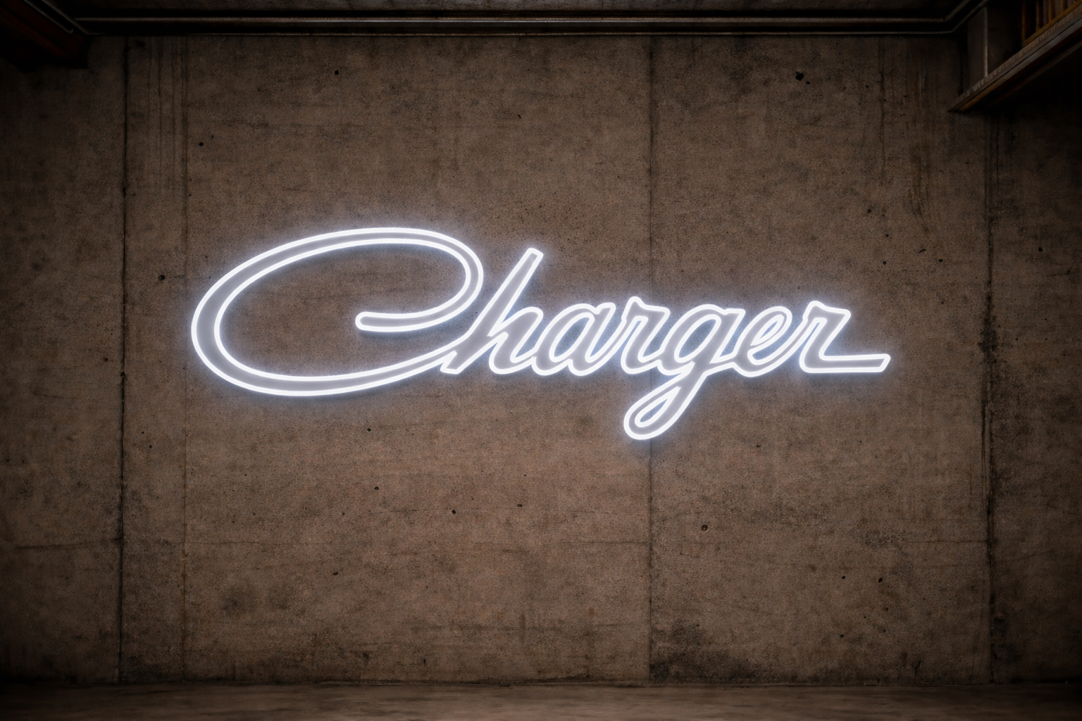 Neon sign with the word 'Charger' on a textured wall.
