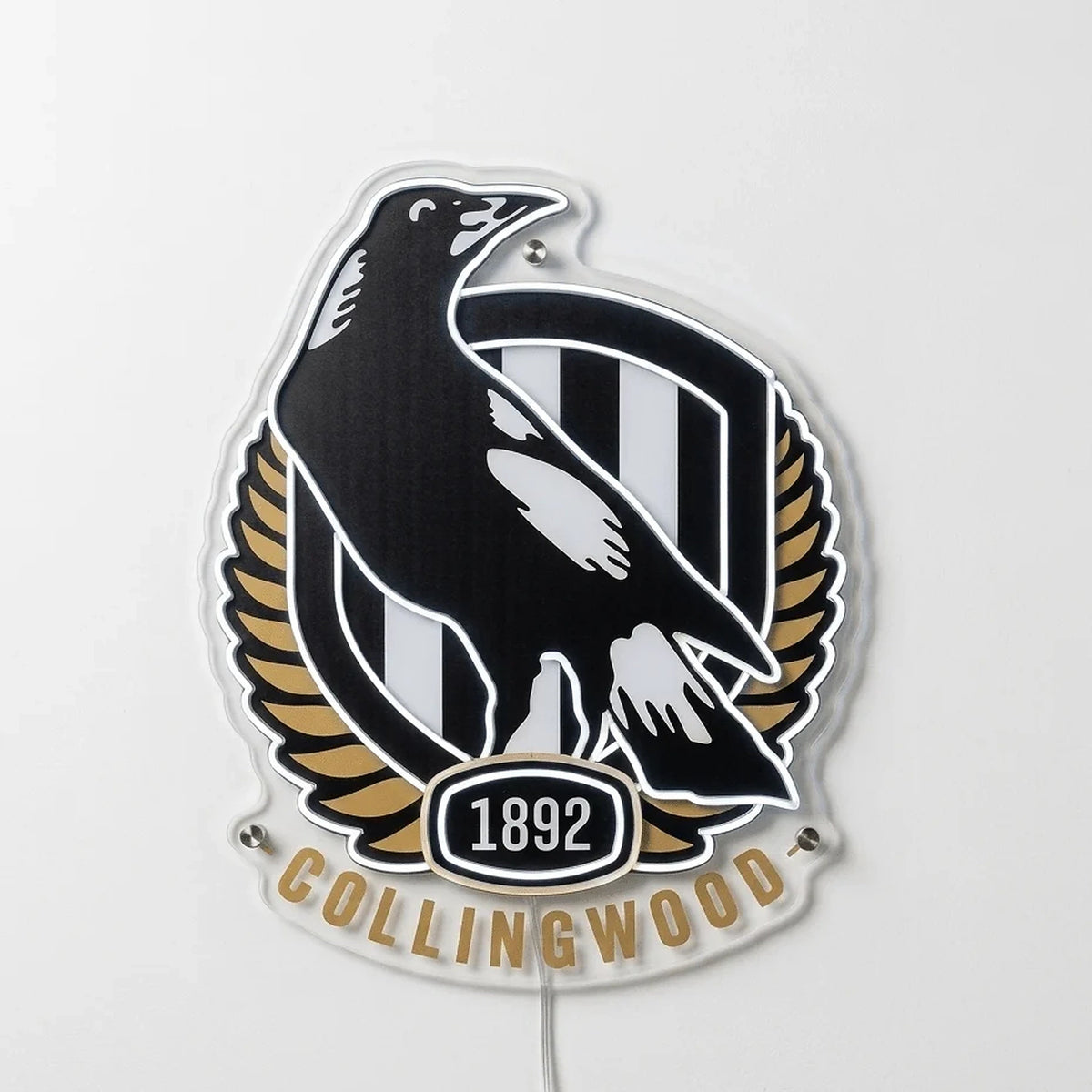 Collingwood Magpies Neon Sign in white, featuring Collingwood Magpies crest with black-and-white stripes and a magpie on a light background.