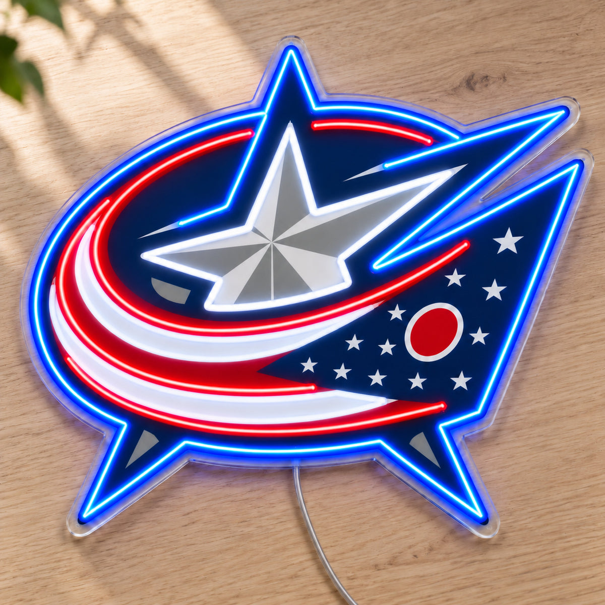 Columbus Blue Jackets LED Neon Sign, featuring team logo displayed on a wooden surface.