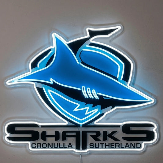 Cronulla Sharks Neon Sign, featuring illuminated team logo on a light background.