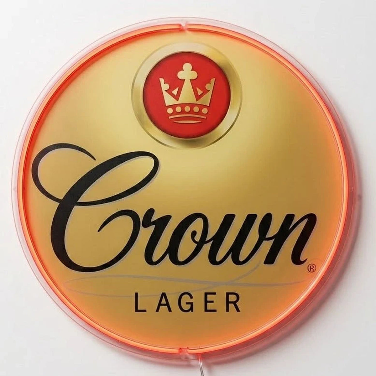 Crown Lager Neon Sign, featuring illuminated beer-brand logo on a light background.
