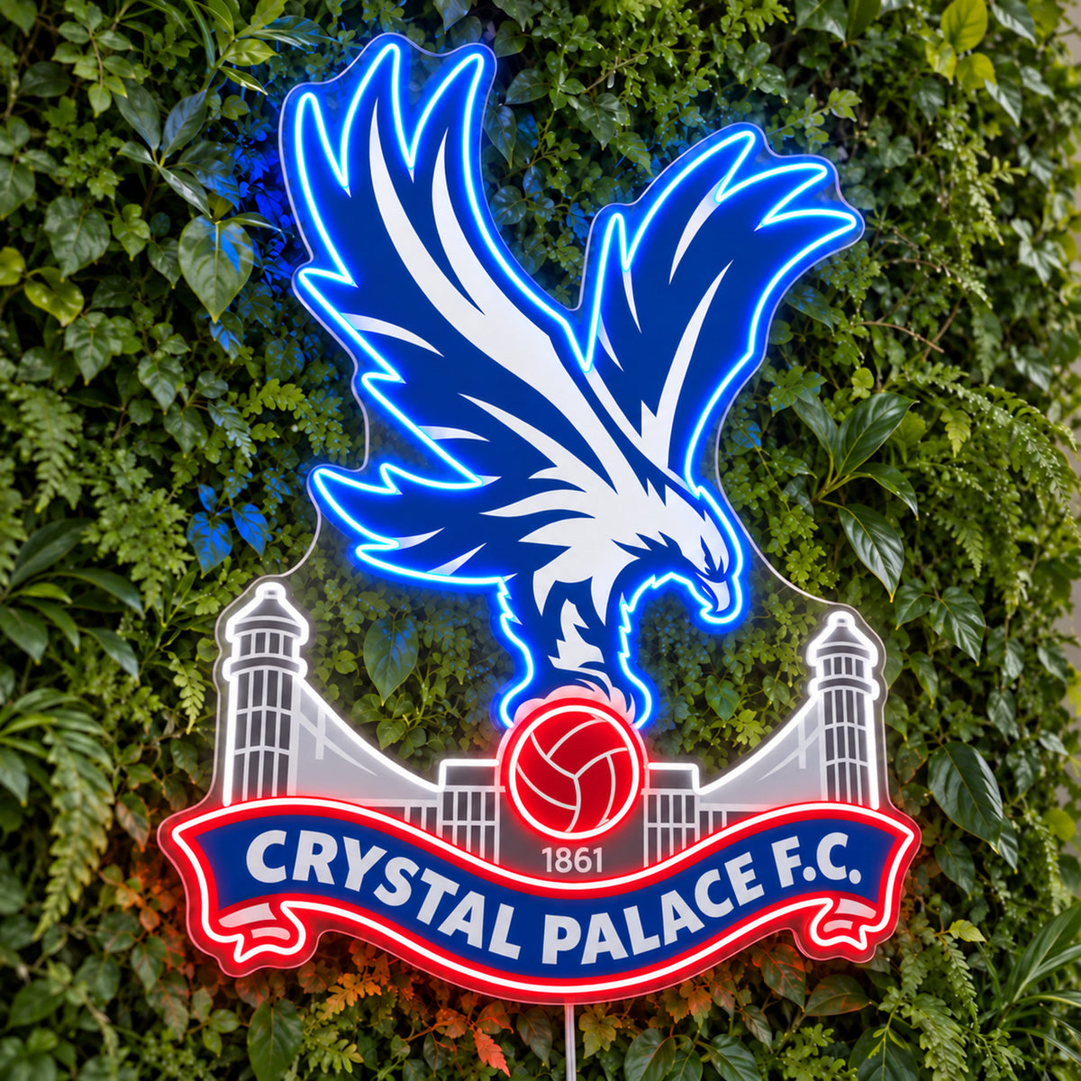 Crystal Palace LED Neon Sign, featuring team logo displayed on a green foliage wall.