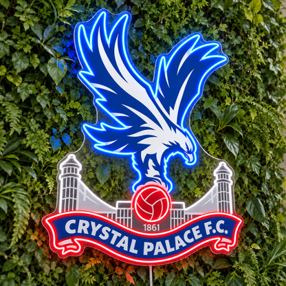 Crystal Palace LED Neon Sign, featuring team logo displayed on a green foliage wall.