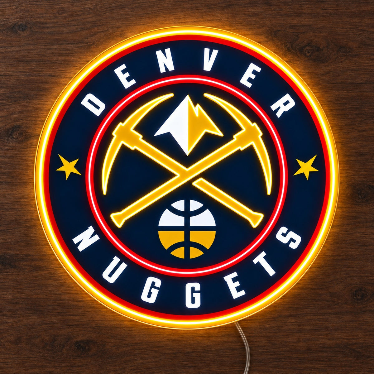 Denver Nuggets LED Neon Sign, featuring illuminated team logo on a wooden surface.