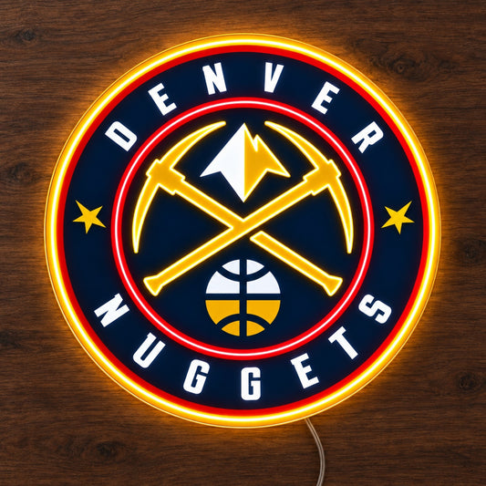Denver Nuggets LED Neon Sign, featuring illuminated team logo on a wooden surface.