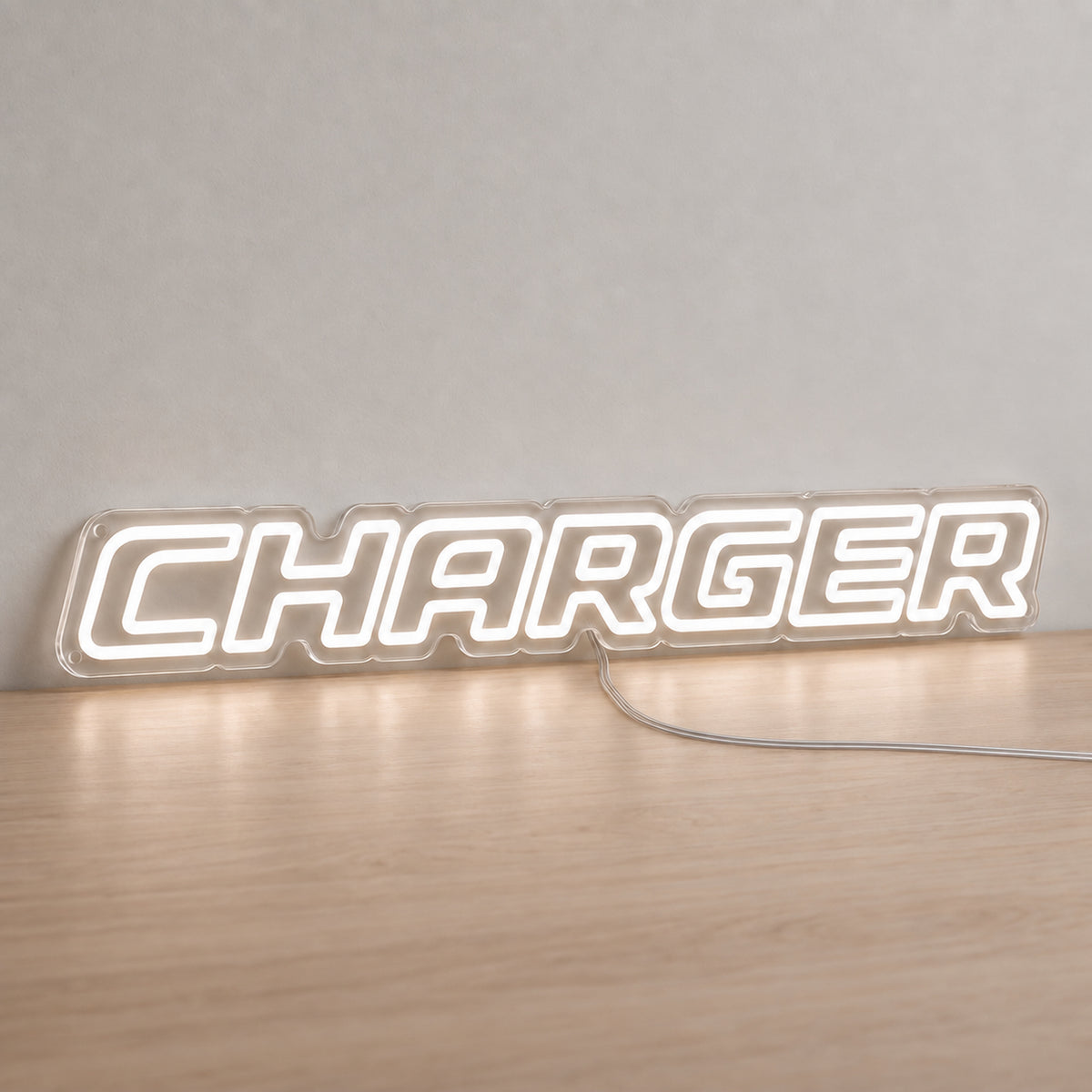 Dodge Charger LED Neon Sign, featuring illuminated vehicle logo on a light background.