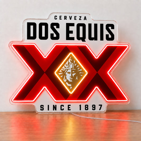 Dos Equis LED Neon Sign, featuring illuminated beer-brand logo on a light background.