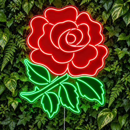 England Rugby LED Neon Sign, featuring team logo displayed on a green foliage wall.