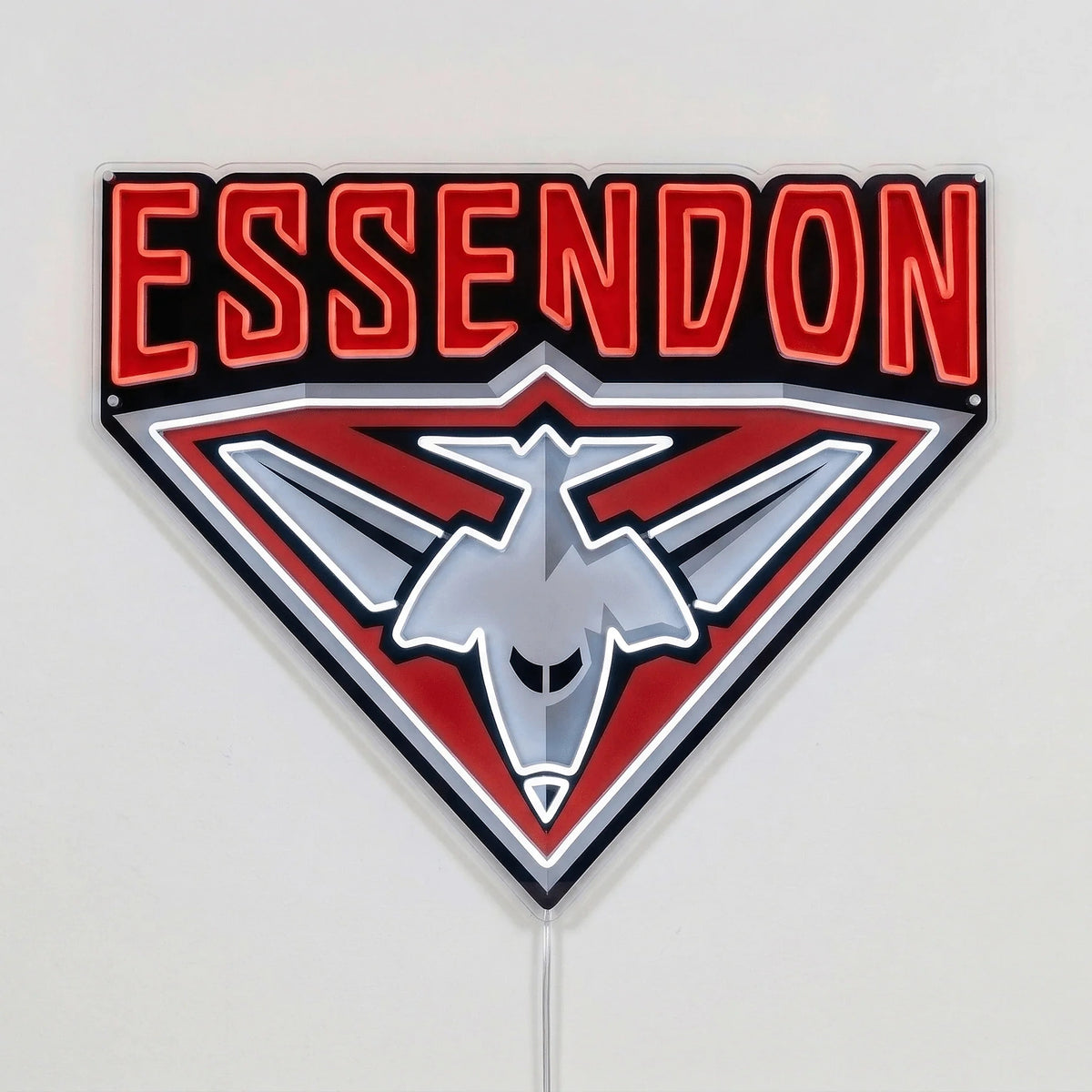 Essendon Bombers Neon Sign in red and white, featuring Essendon Bombers crest on a light background.