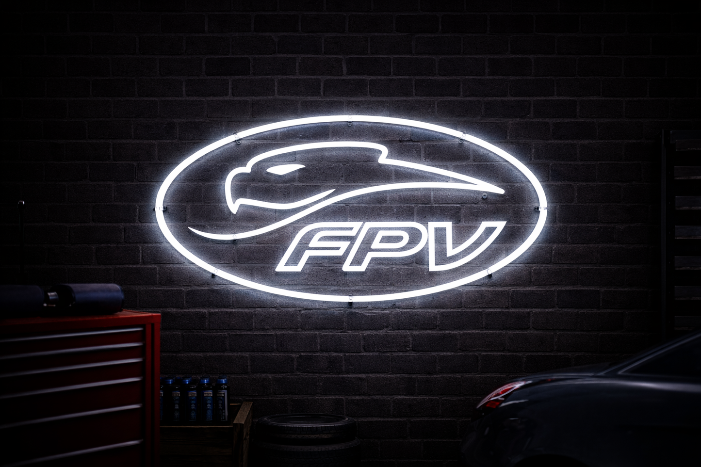 FPV Ford Performance Vehicles LED neon sign glowing in an Australian muscle garage setting