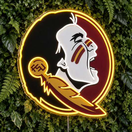 Florida State Seminoles LED Neon Sign, featuring team logo displayed on a green foliage wall.