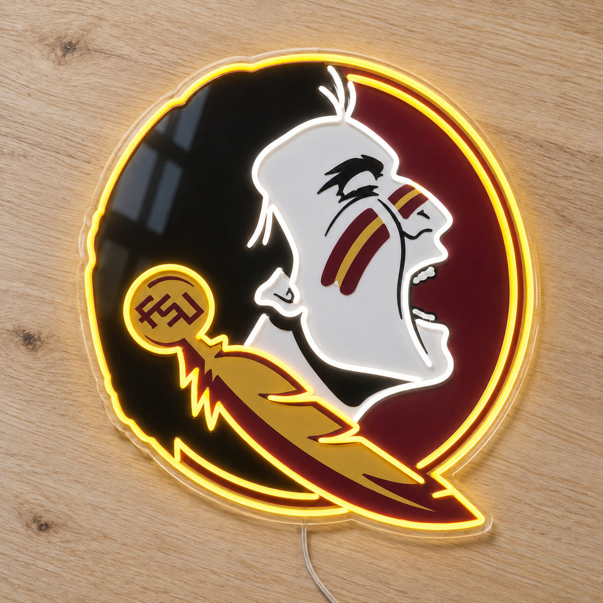 Florida State Seminoles LED Neon Sign, featuring team logo displayed on a wooden surface.